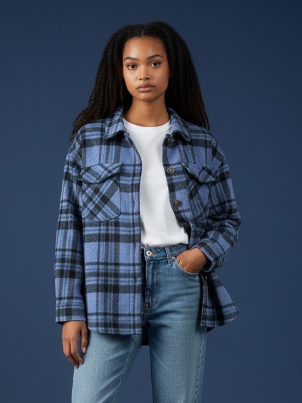 Love Tree Blue Plaid Button-Up Shacket Jacket Size Small #2313